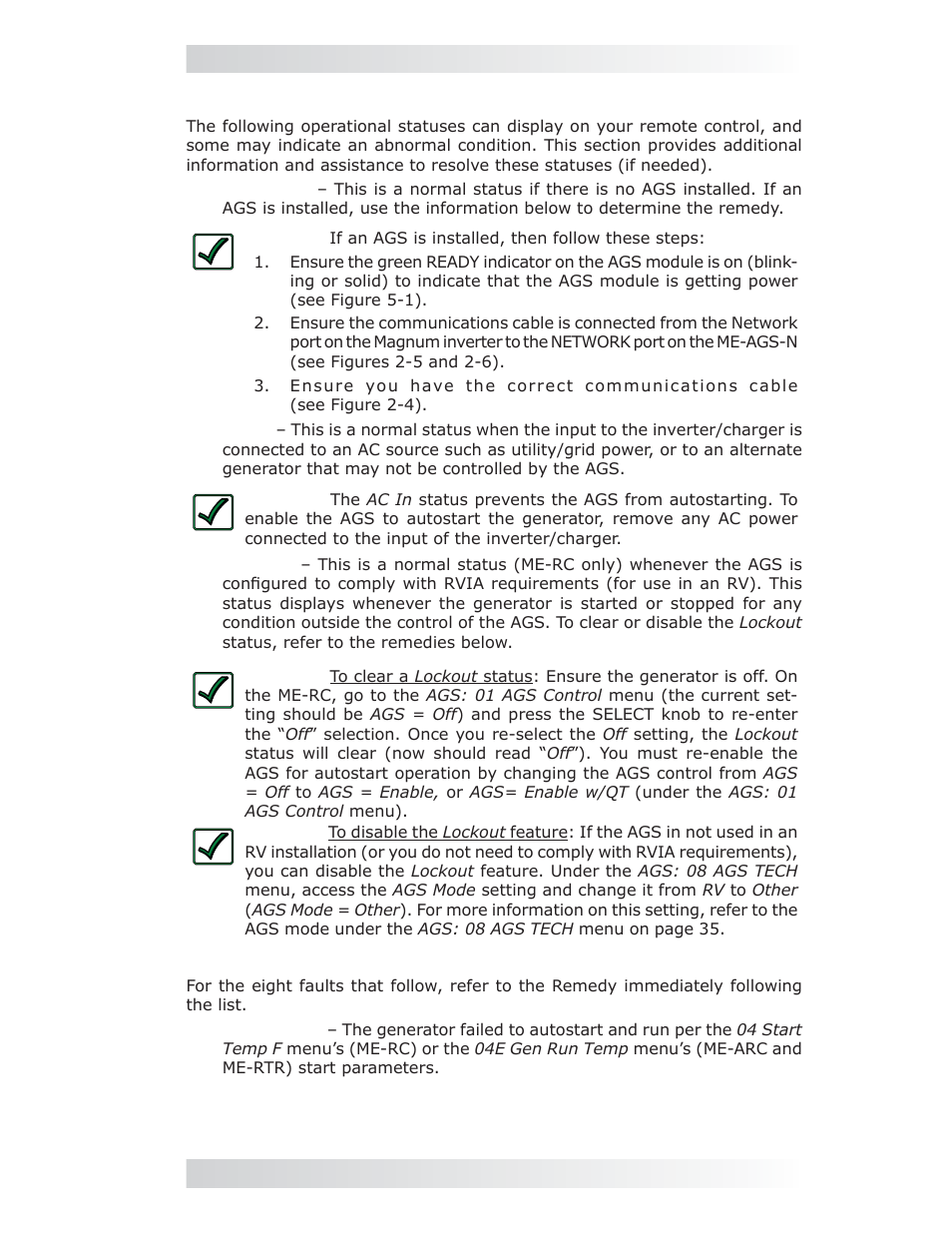 2 resolving operational statuses, 3 me-ags-n faults using your remote | Magnum Energy AGS Network (ME-AGS-N) User Manual | Page 96 / 103
