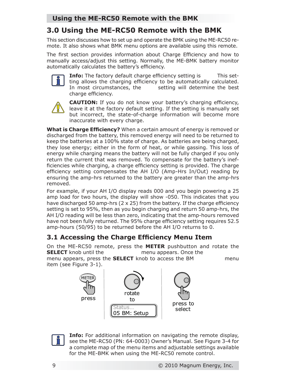 0 using the me-rc50 remote with the bmk, Using the me-rc50 remote with the bmk, 1 accessing the charge effi ciency menu item | Magnum Energy Battery Monitor Kit ME-BMK User Manual | Page 13 / 39