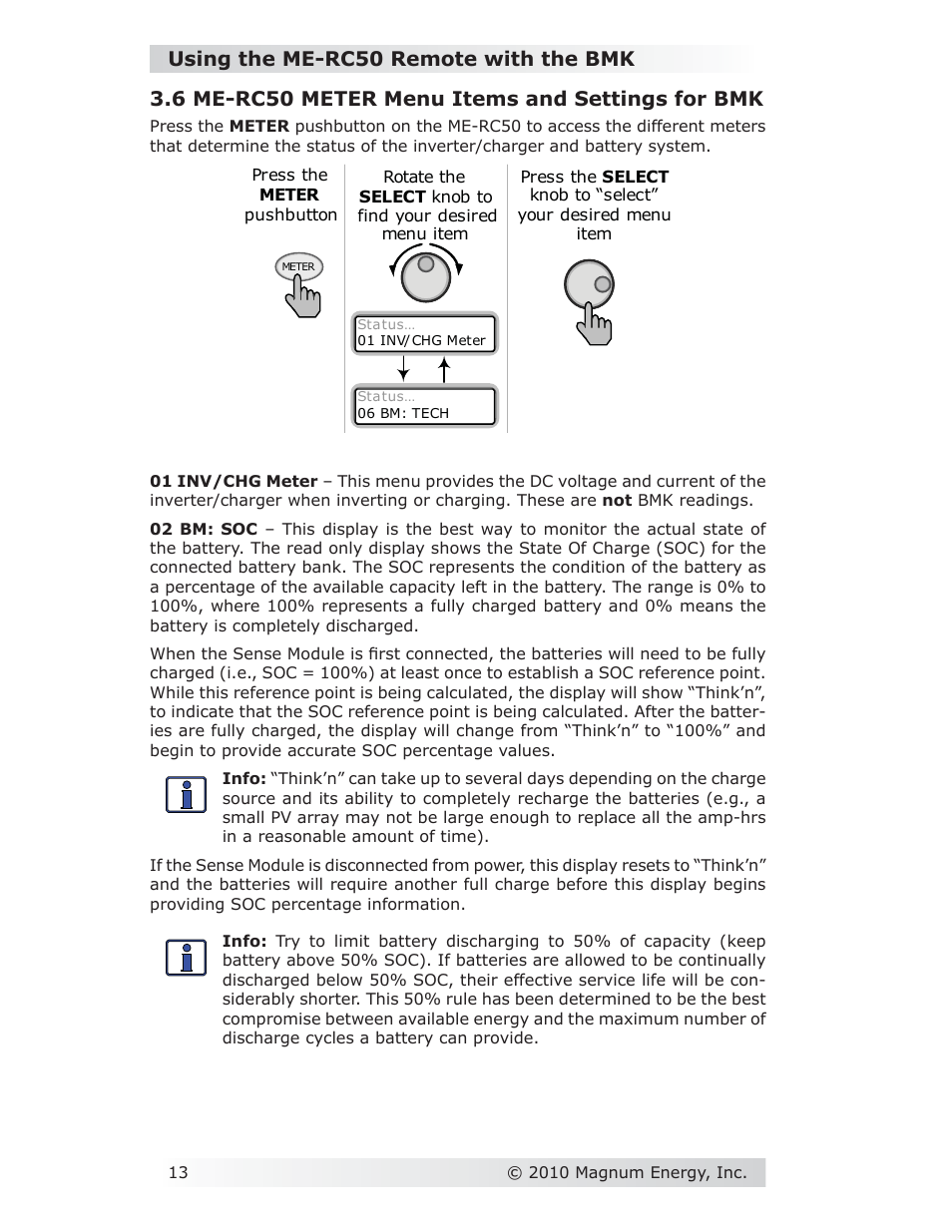 Using the me-rc50 remote with the bmk, 6 me-rc50 meter menu items and settings for bmk | Magnum Energy Battery Monitor Kit ME-BMK User Manual | Page 17 / 39