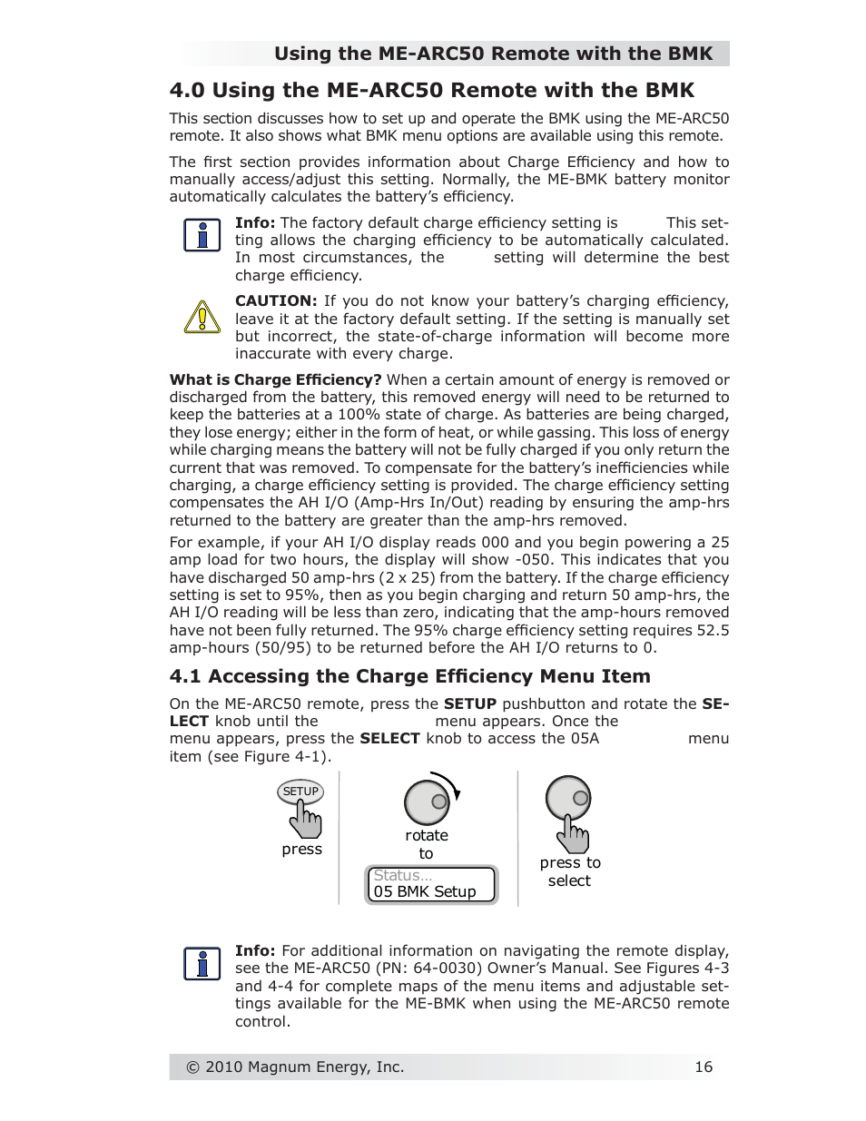 0 using the me-arc50 remote with the bmk, Using the me-arc50 remote with the bmk, 1 accessing the charge effi ciency menu item | Magnum Energy Battery Monitor Kit ME-BMK User Manual | Page 20 / 39