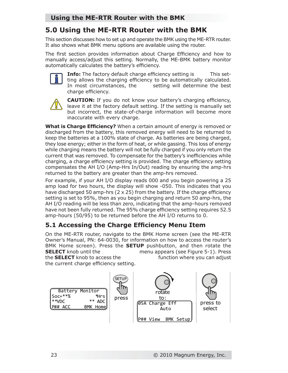 0 using the me-rtr router with the bmk, Using the me-rtr router with the bmk, 1 accessing the charge effi ciency menu item | Magnum Energy Battery Monitor Kit ME-BMK User Manual | Page 27 / 39
