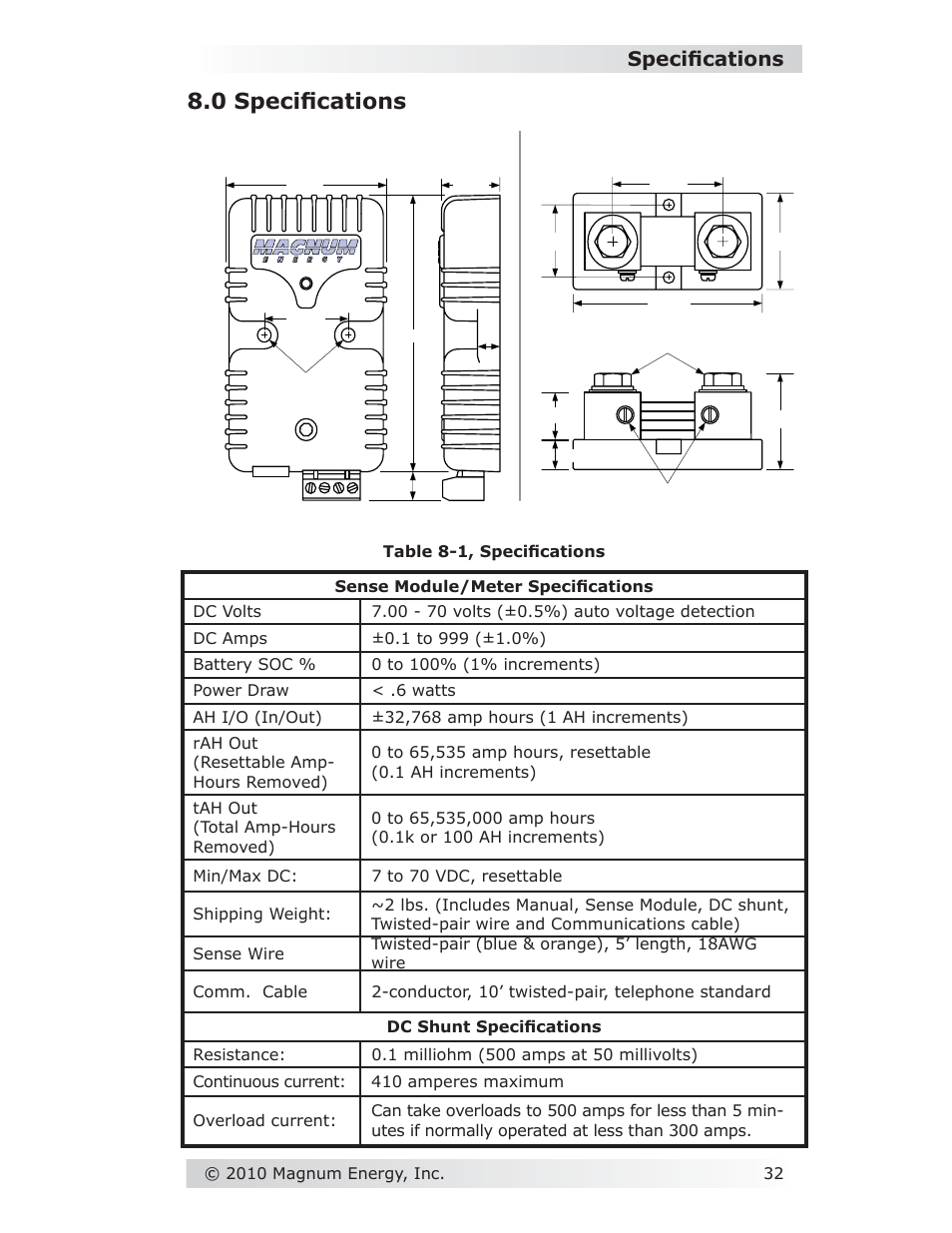 0 specifi cations, Specifi cations | Magnum Energy Battery Monitor Kit ME-BMK User Manual | Page 36 / 39
