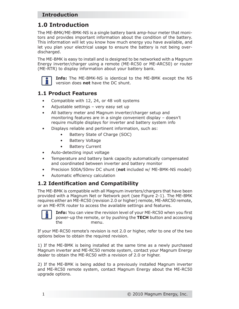 0 introduction, Introduction, 1 product features | 2 identifi cation and compatibility | Magnum Energy Battery Monitor Kit ME-BMK User Manual | Page 5 / 39