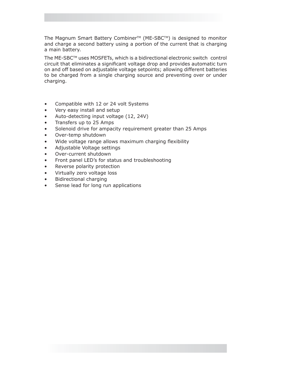 Introduction, 0 introduction, 1 product features | Magnum Energy Smart Battery Combiner (ME-SBC) User Manual | Page 4 / 20