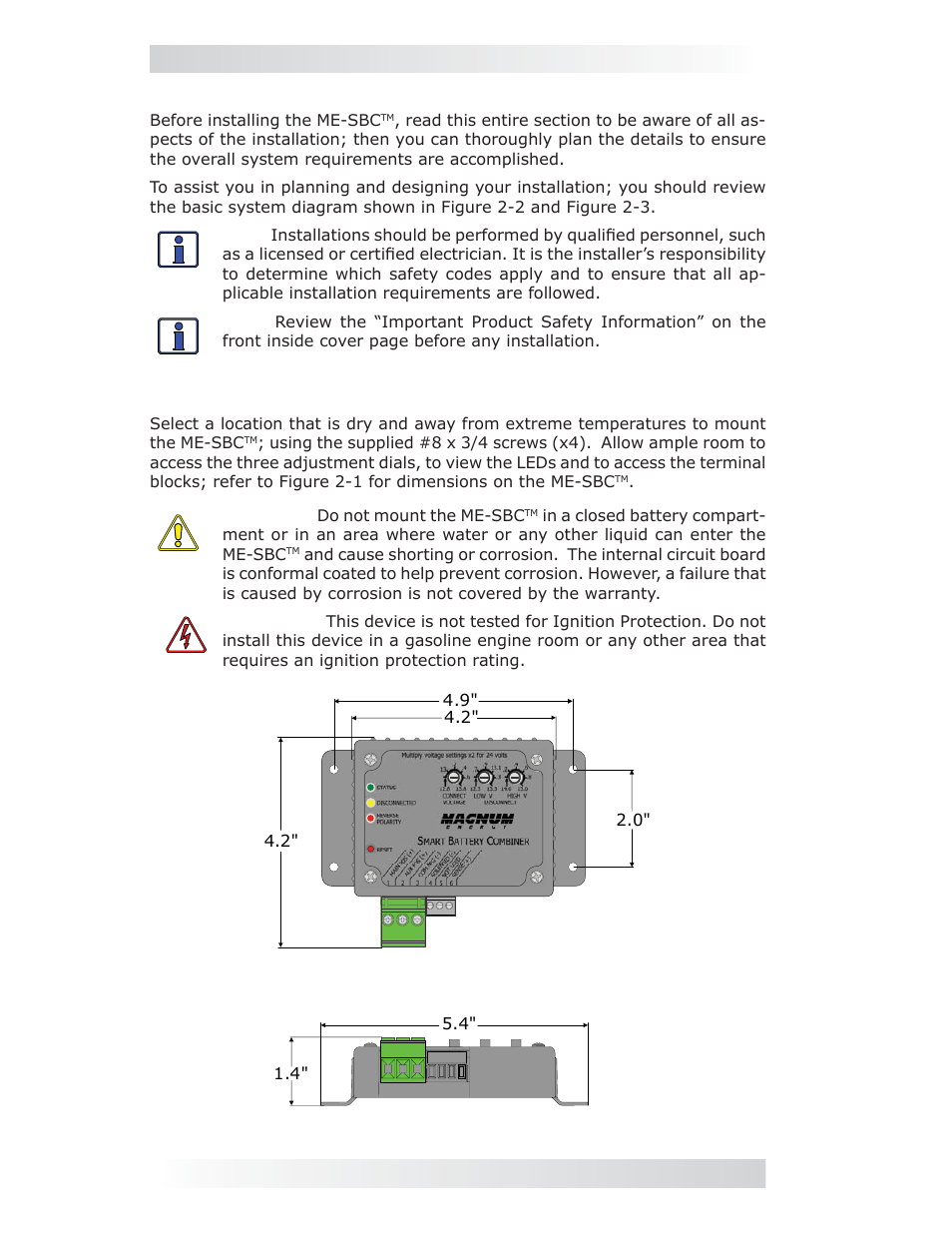 Installation, 0 installation, 2 location and mounting | Magnum Energy Smart Battery Combiner (ME-SBC) User Manual | Page 6 / 20