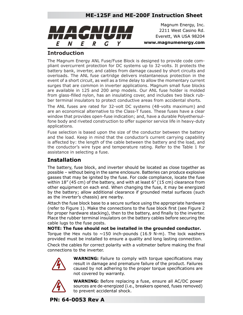 Magnum Energy ME-125F User Manual | 2 pages