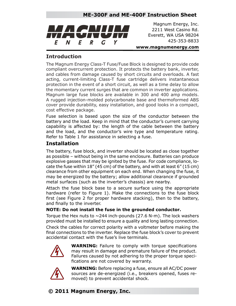 Magnum Energy ME-300F User Manual | 2 pages