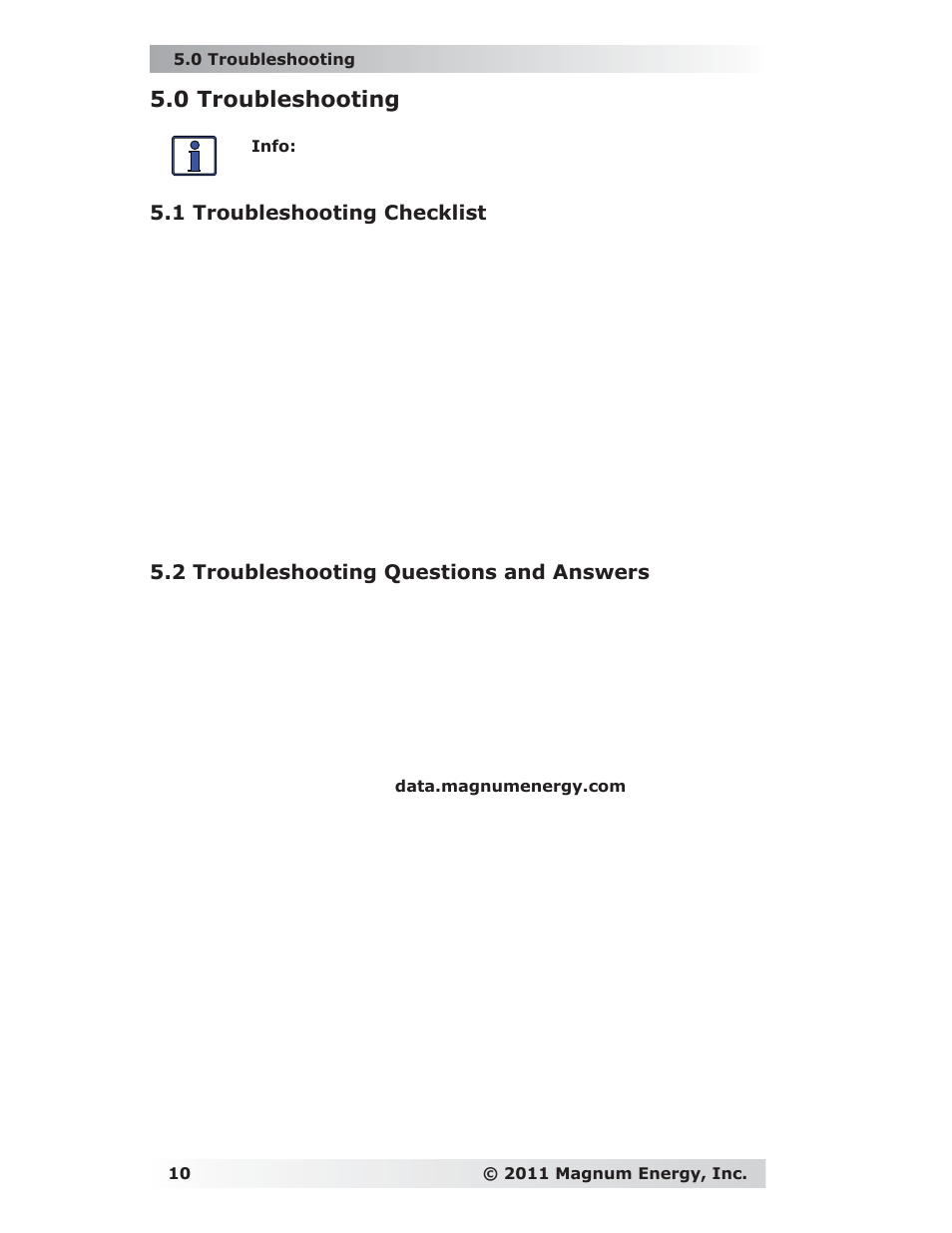 0 troubleshooting, 1 troubleshooting checklist, 2 troubleshooting questions and answers | Magnum Energy ME-MW-E User Manual | Page 14 / 19