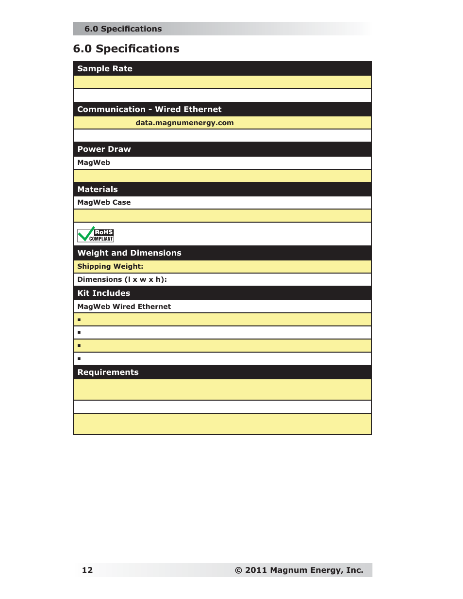 0 specifi cations | Magnum Energy ME-MW-E User Manual | Page 16 / 19