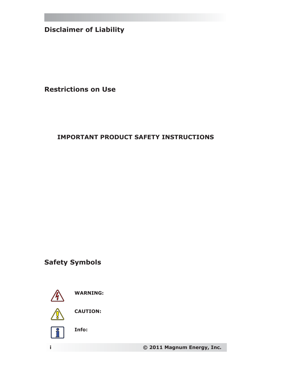 Disclaimer of liability, Restrictions on use, Safety symbols | Important product safety instructions | Magnum Energy ME-MW-E User Manual | Page 2 / 19