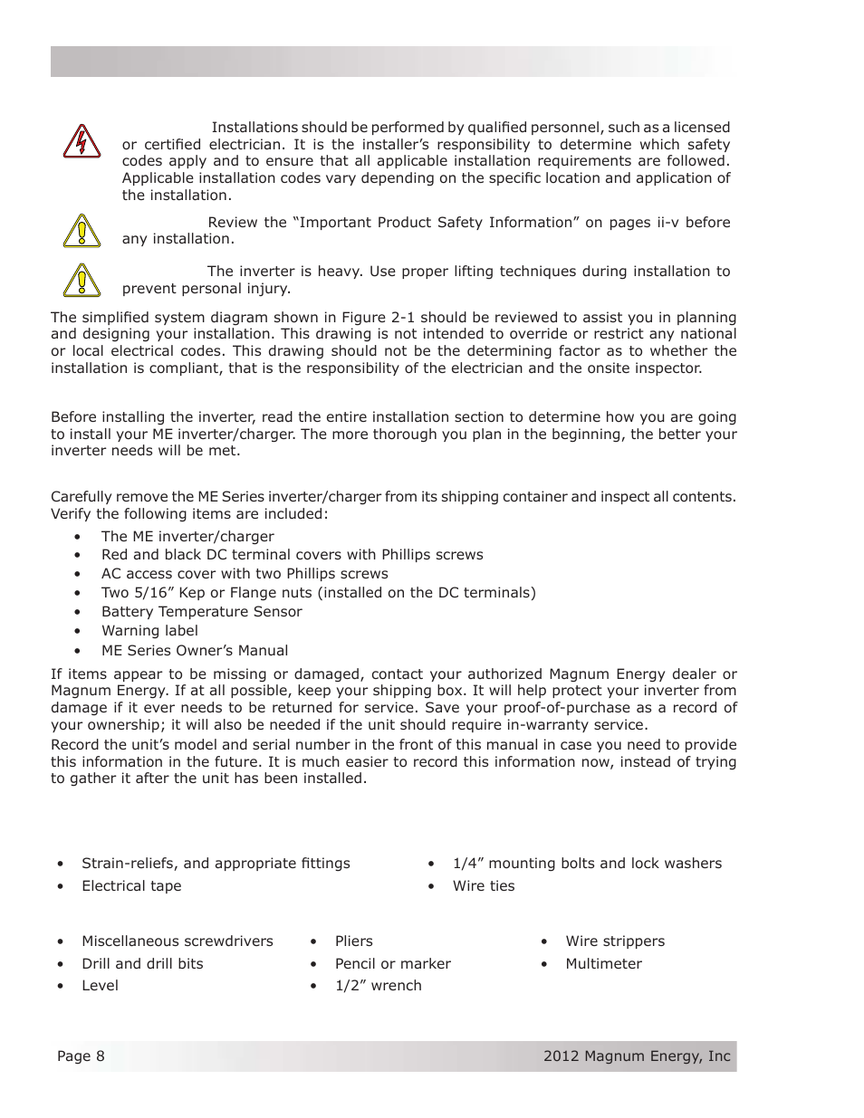 0 installation, 1 pre-installation, 1 unpacking and inspection | 2 required tools and materials | Magnum Energy ME Series User Manual | Page 16 / 68