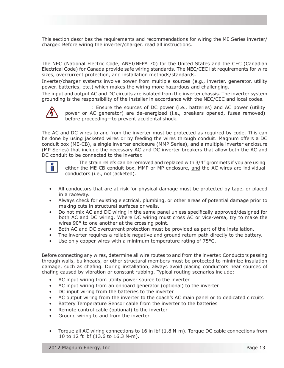 3 wiring the inverter - general requirements, 1 protecting wire – conduit box, 2 wiring requirements | 3 wire routing, 4 torque requirements | Magnum Energy ME Series User Manual | Page 21 / 68