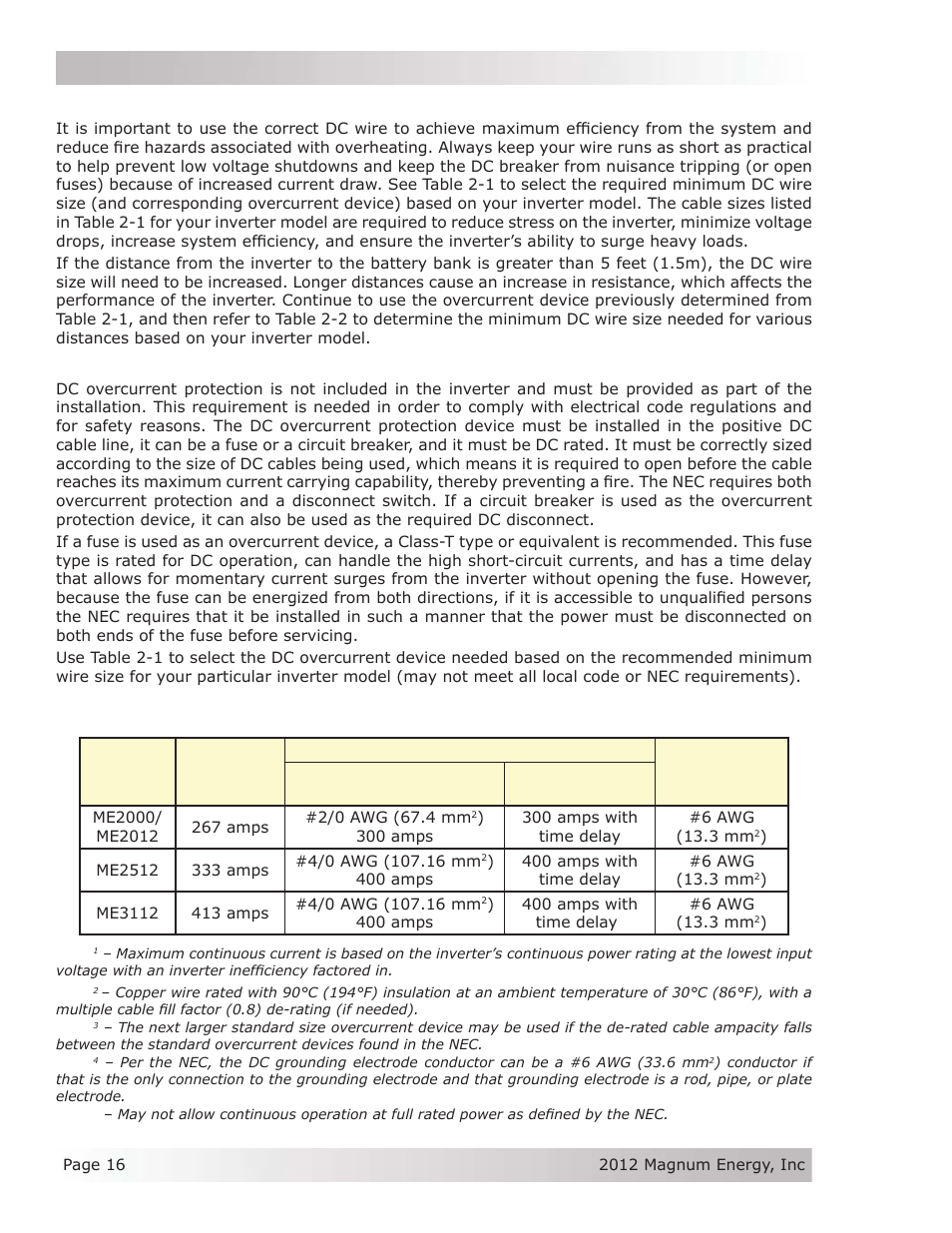 1 dc wire sizing, 2 dc overcurrent protection, Installation | Magnum Energy ME Series User Manual | Page 24 / 68