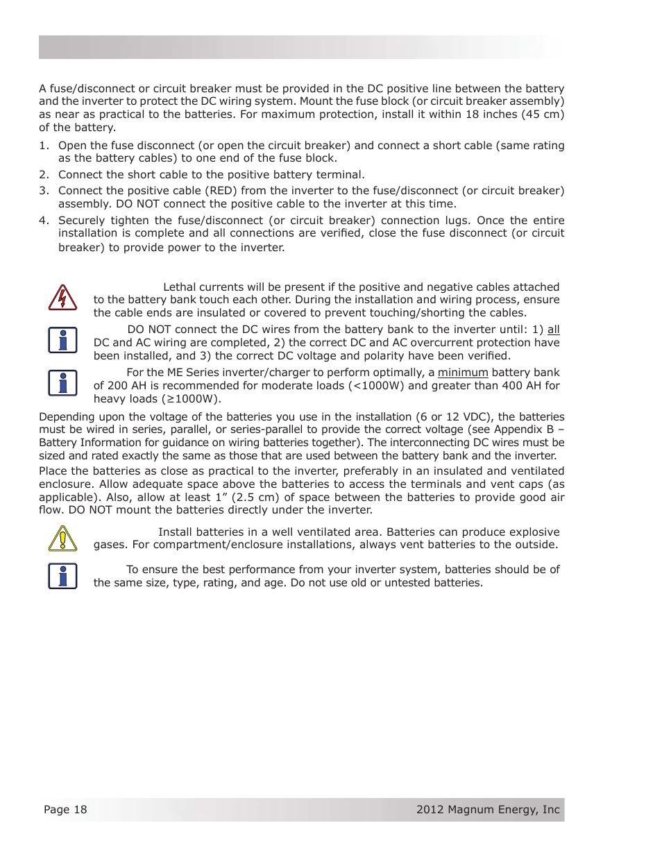 4 wiring the dc overcurrent protection device, 5 wiring the battery bank | Magnum Energy ME Series User Manual | Page 26 / 68