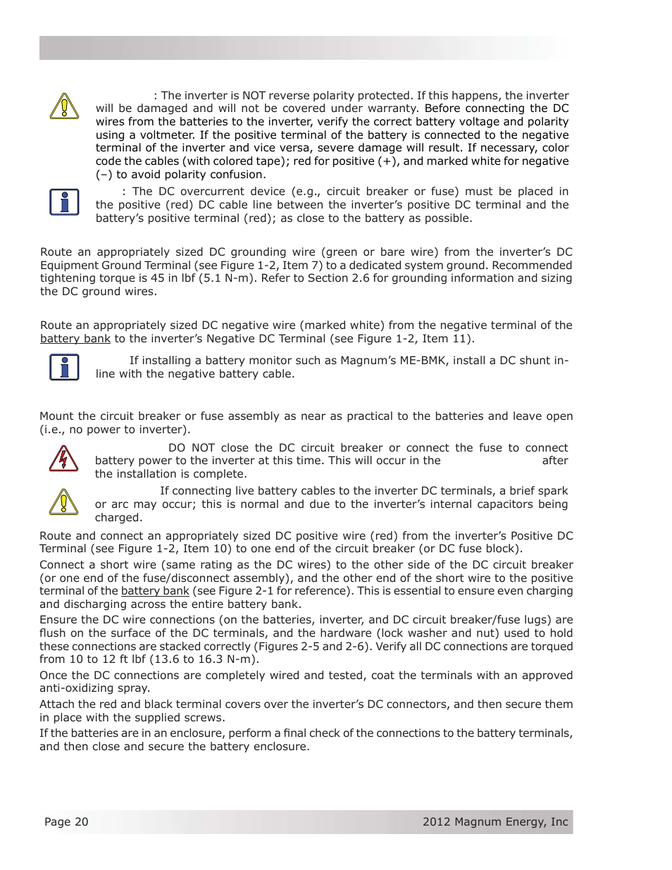 7 wiring the inverter to the battery bank | Magnum Energy ME Series User Manual | Page 28 / 68