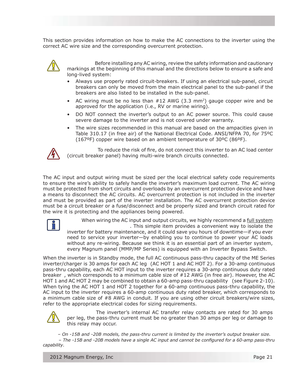5 ac wiring, 1 pre-ac wiring requirements, 2 ac wire size and overcurrent protection | Magnum Energy ME Series User Manual | Page 29 / 68