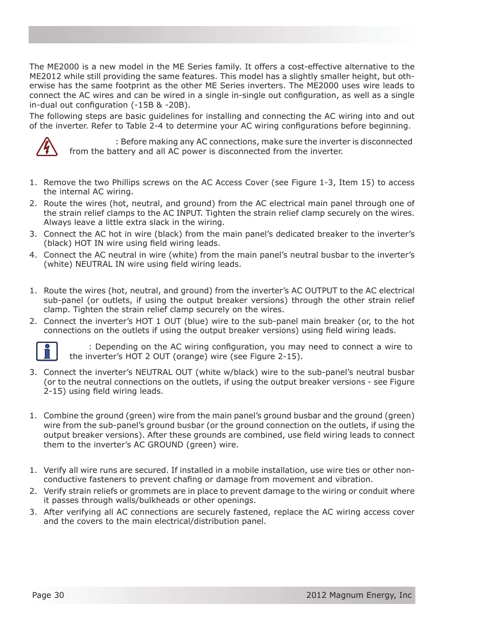 7 ac conductor wiring (me2000 models) | Magnum Energy ME Series User Manual | Page 38 / 68