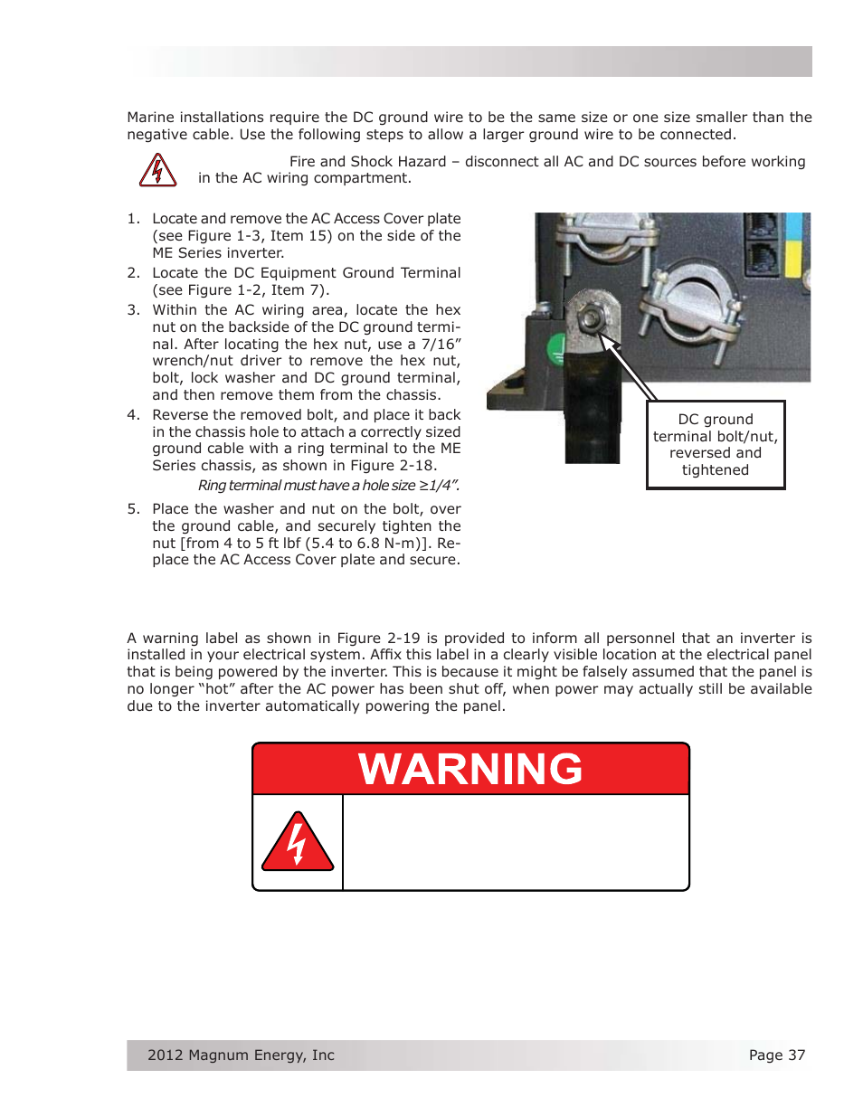 4 connecting a large dc ground wire, 7 inverter notifi cation requirements | Magnum Energy ME Series User Manual | Page 45 / 68