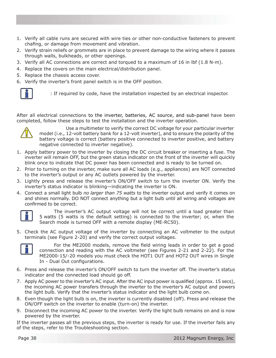 8 final inspection, 9 functional test | Magnum Energy ME Series User Manual | Page 46 / 68