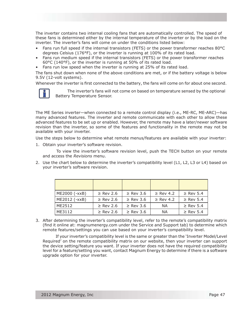 9 inverter fan operation, 10 using a remote with the me series inverter | Magnum Energy ME Series User Manual | Page 55 / 68
