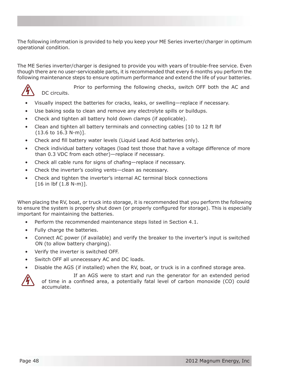 0 maintenance and troubleshooting, 1 recommended inverter and battery care, 2 storage for mobile installations | Magnum Energy ME Series User Manual | Page 56 / 68