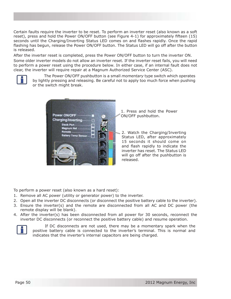 4 performing an inverter reset, 5 performing a power reset | Magnum Energy ME Series User Manual | Page 58 / 68