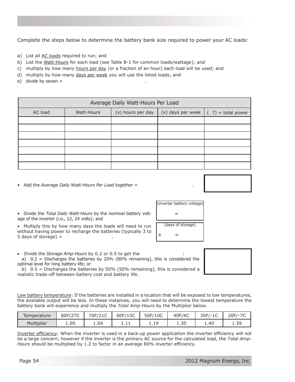 B-5 battery bank sizing worksheet | Magnum Energy ME Series User Manual | Page 62 / 68