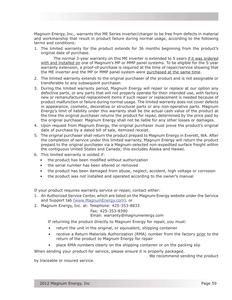 Limited warranty, How to receive repair service | Magnum Energy ME Series User Manual | Page 67 / 68