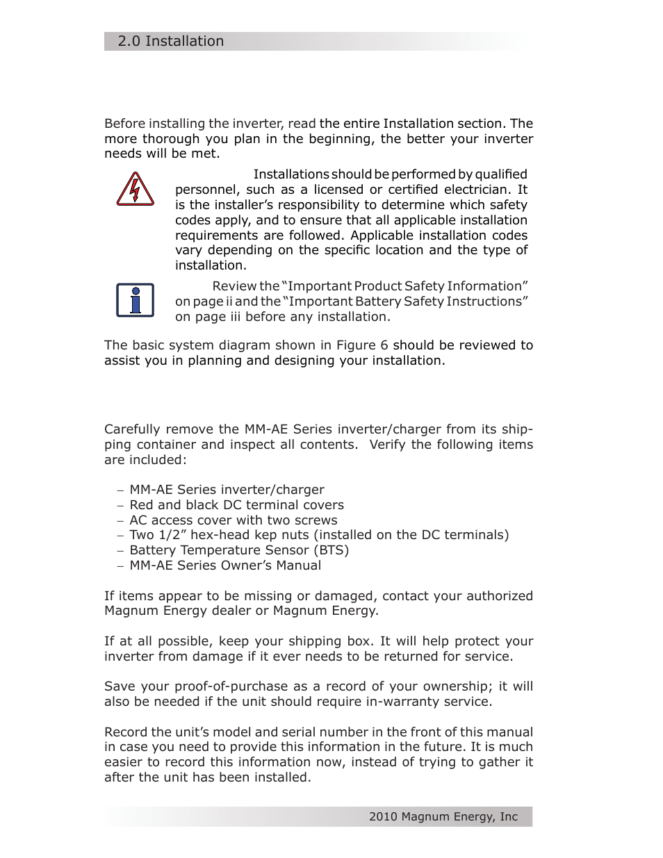 0 installation | Magnum Energy MM-AE Series User Manual | Page 12 / 48