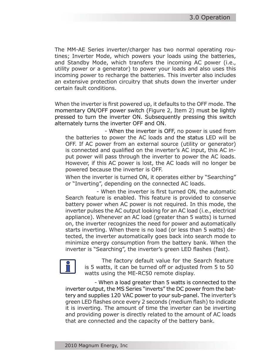 0 operation | Magnum Energy MM-AE Series User Manual | Page 29 / 48