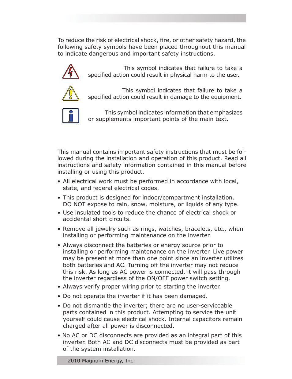 Important product safety instructions | Magnum Energy MM-AE Series User Manual | Page 3 / 48