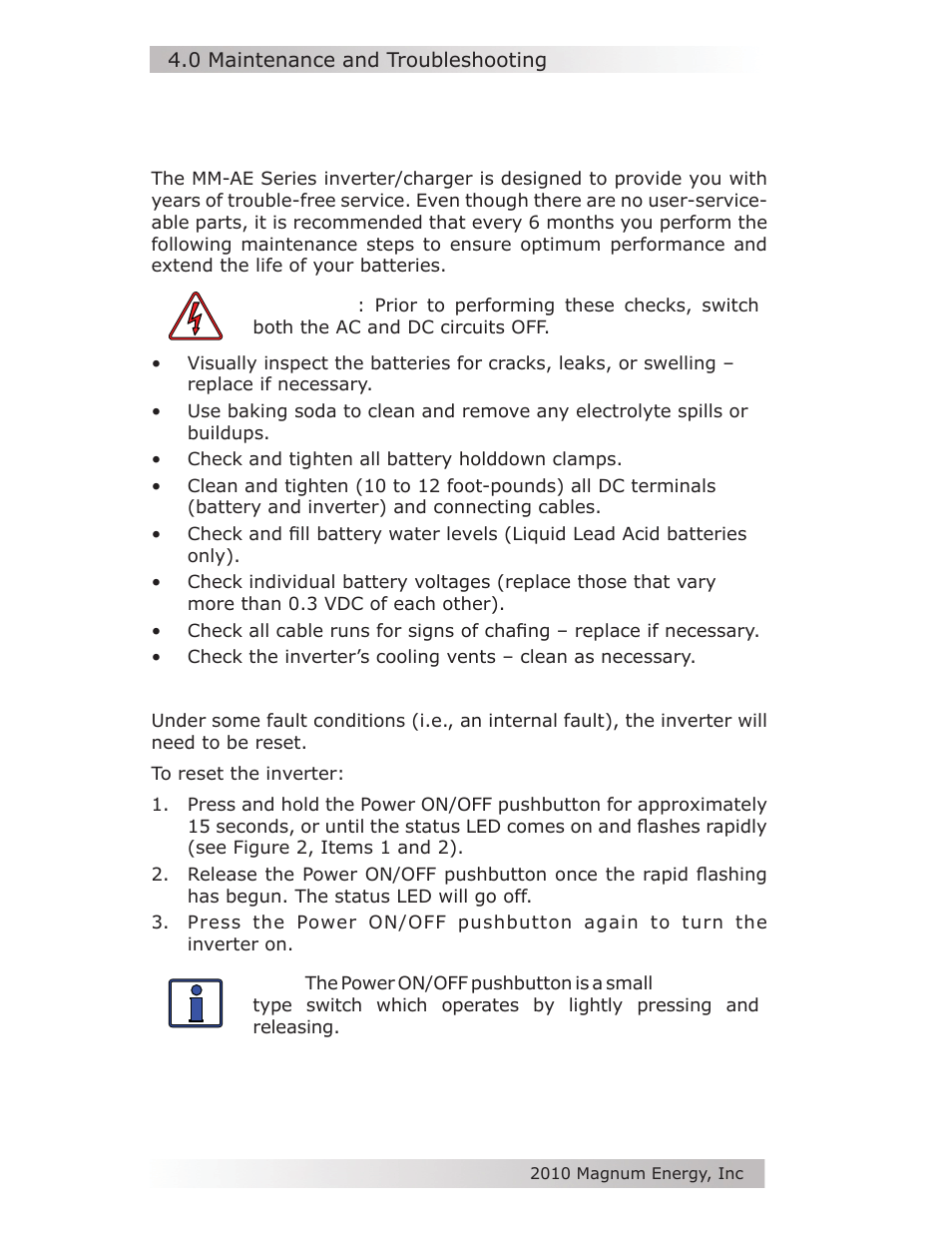 0 maintenance and troubleshooting | Magnum Energy MM-AE Series User Manual | Page 38 / 48