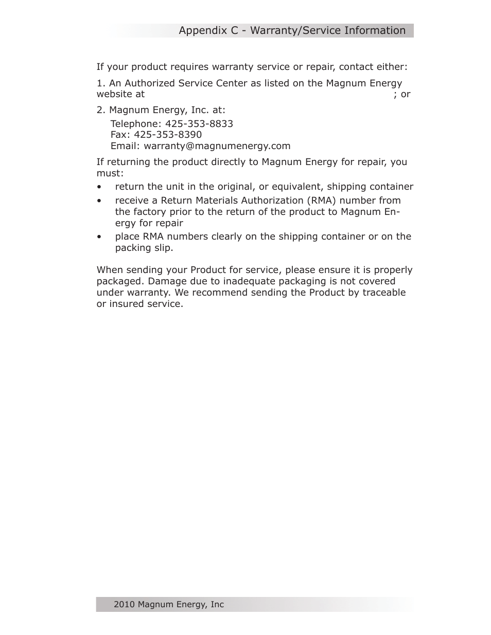How to receive repair service | Magnum Energy MM-AE Series User Manual | Page 47 / 48
