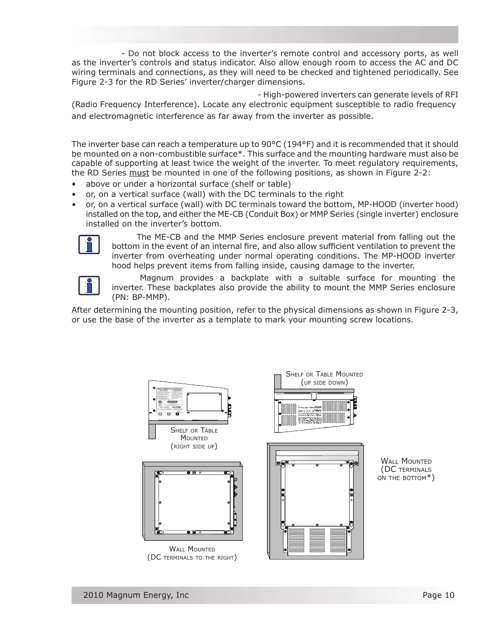 Installation, 2 mounting the inverter, Figure 2-2, approved mounting positions | Magnum Energy RD Series User Manual | Page 16 / 58