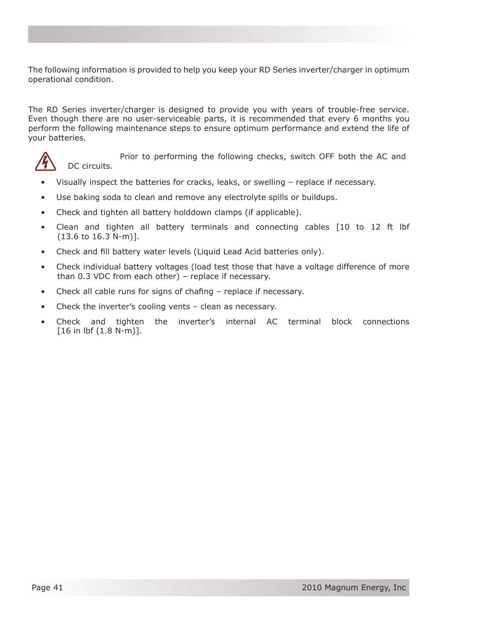 0 maintenance and troubleshooting | Magnum Energy RD Series User Manual | Page 47 / 58