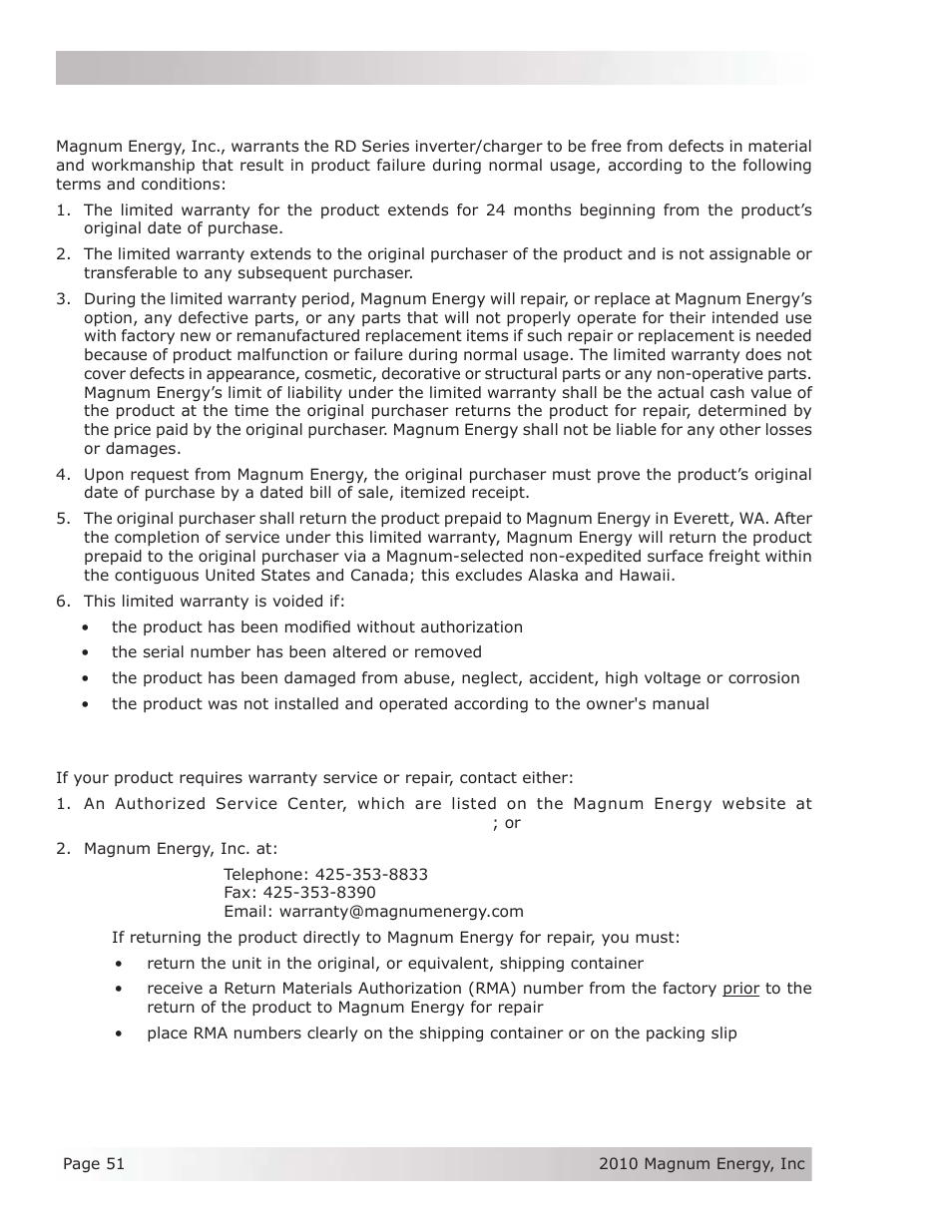 Limited warranty, How to receive repair service | Magnum Energy RD Series User Manual | Page 57 / 58