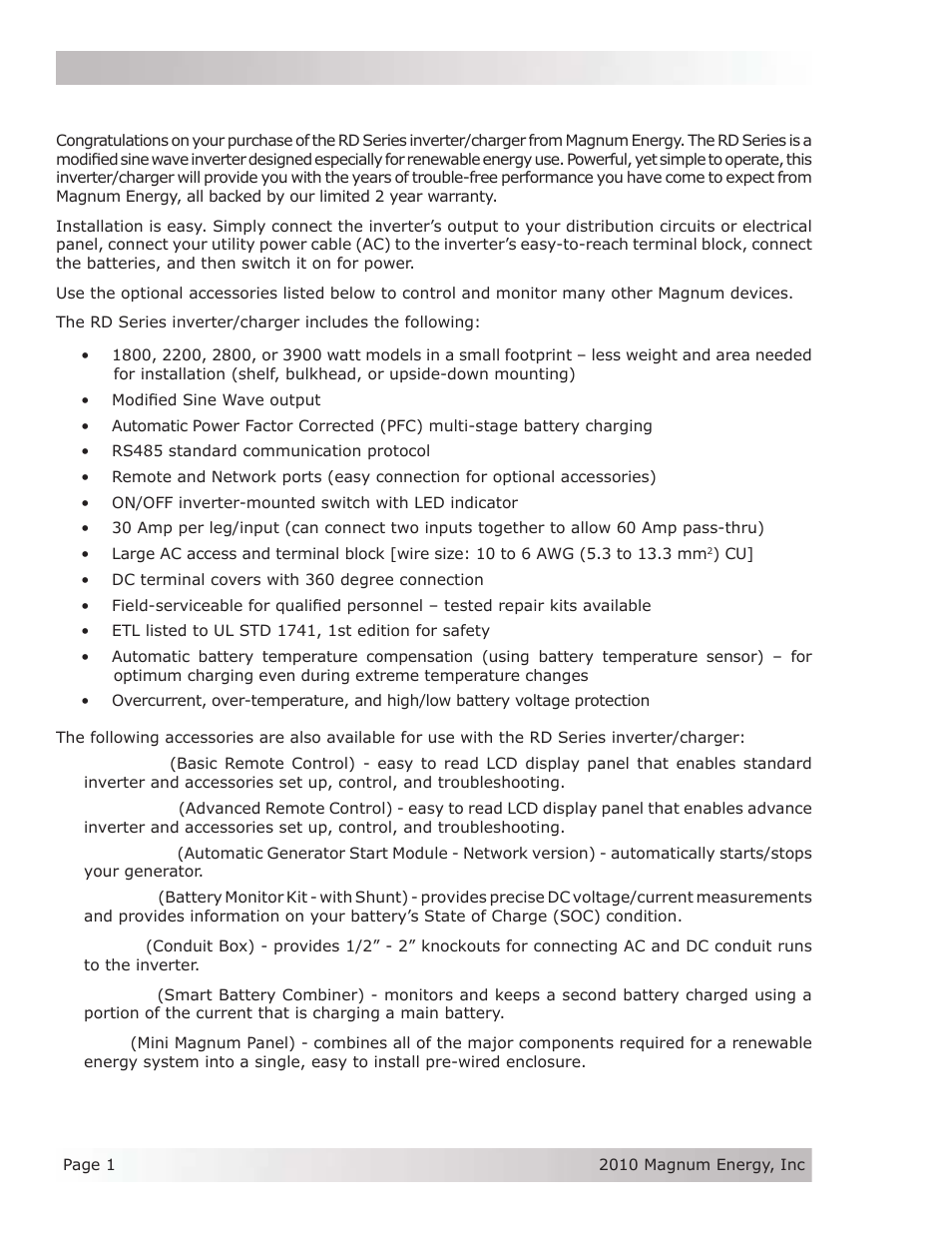 0 introduction | Magnum Energy RD Series User Manual | Page 7 / 58