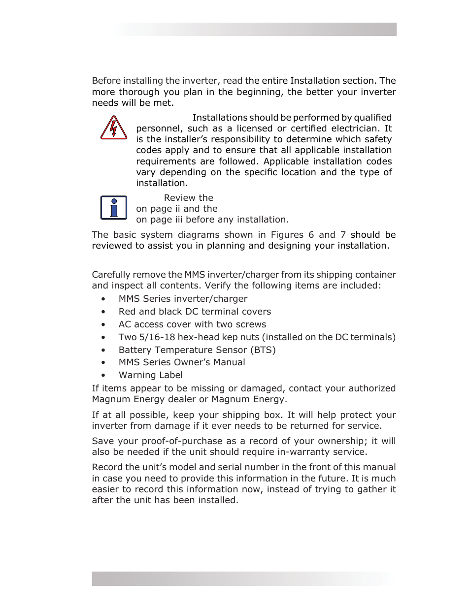 0 installation, 1 pre-installation, 1 unpacking and inspection | Magnum Energy MMS Series User Manual | Page 13 / 52