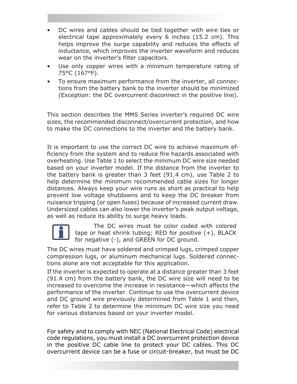 2 dc wiring, 1 dc wire sizing, 2 dc overcurrent protection | Magnum Energy MMS Series User Manual | Page 20 / 52
