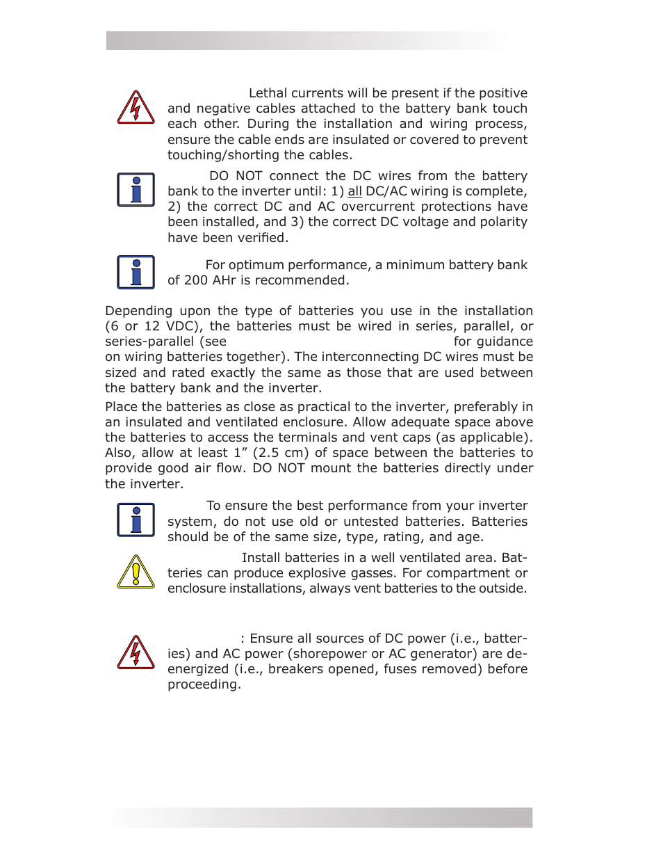 3 battery bank wiring, 1 inverter to battery bank wiring | Magnum Energy MMS Series User Manual | Page 24 / 52