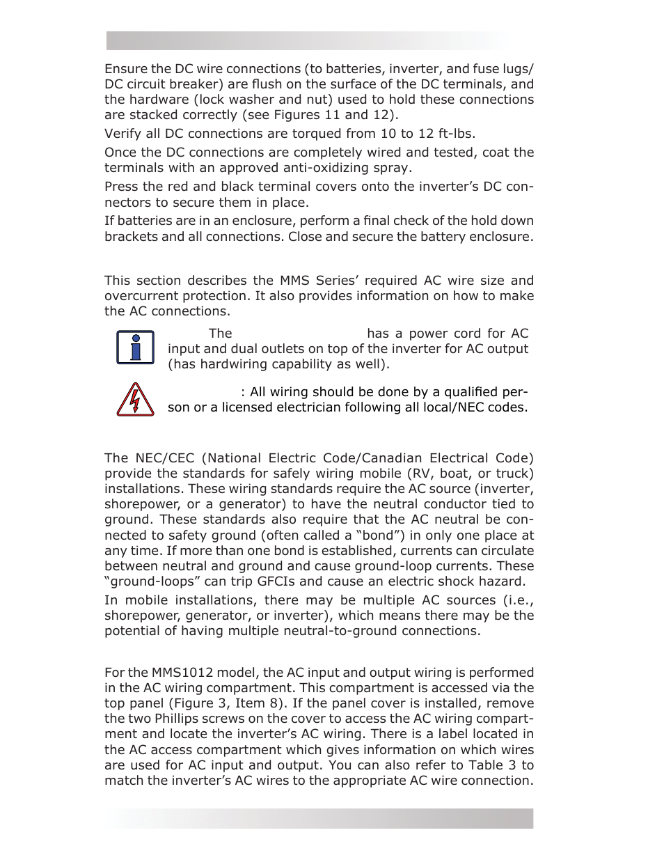 4 ac wiring, 1 neutral to safety ground bonding, 2 ac wiring connections | Magnum Energy MMS Series User Manual | Page 26 / 52