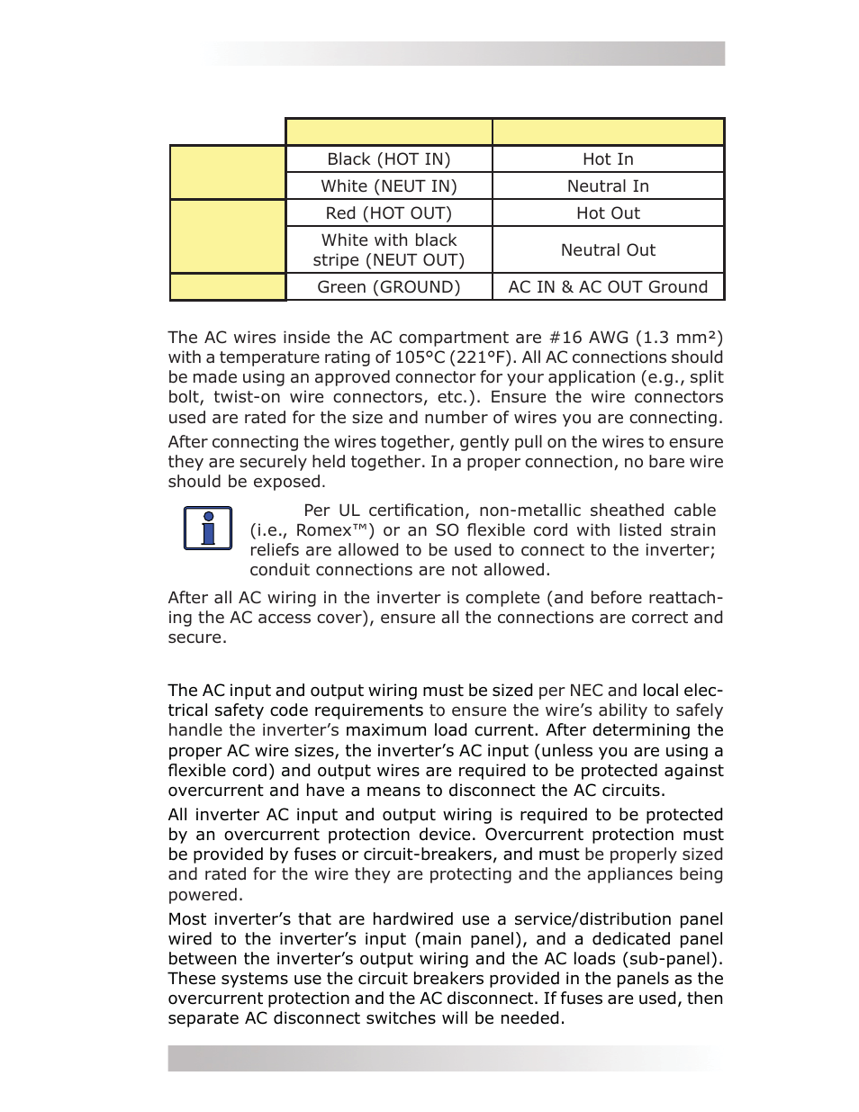3 ac wire size and overcurrent protection | Magnum Energy MMS Series User Manual | Page 27 / 52
