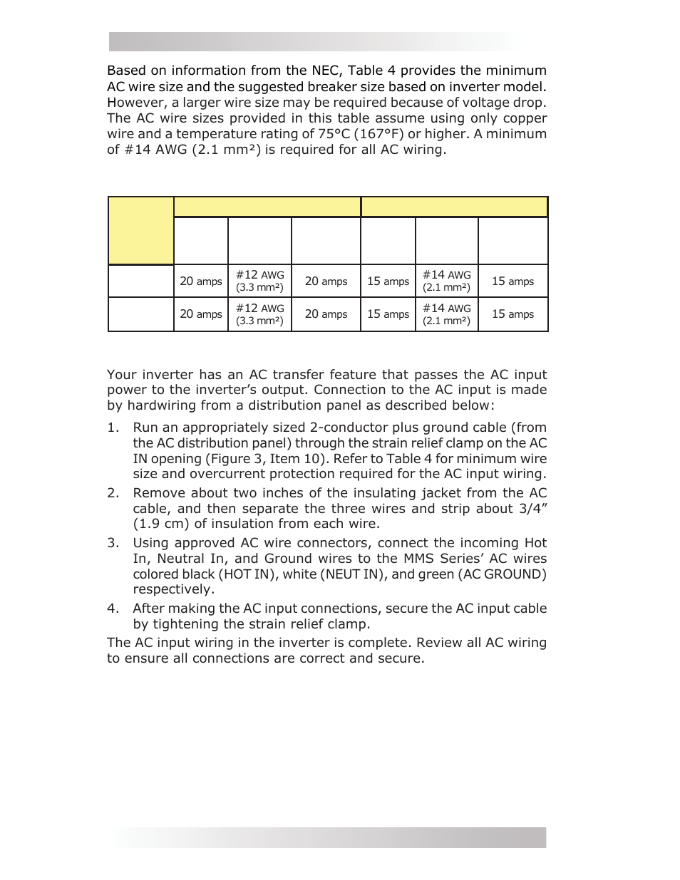 4 ac input wiring, Installation | Magnum Energy MMS Series User Manual | Page 28 / 52