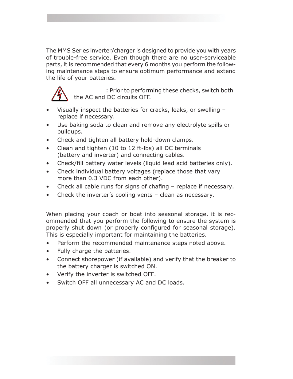 0 maintenance and troubleshooting, 1 recommended inverter and battery care, 2 rv/marine off-season storage | Magnum Energy MMS Series User Manual | Page 42 / 52