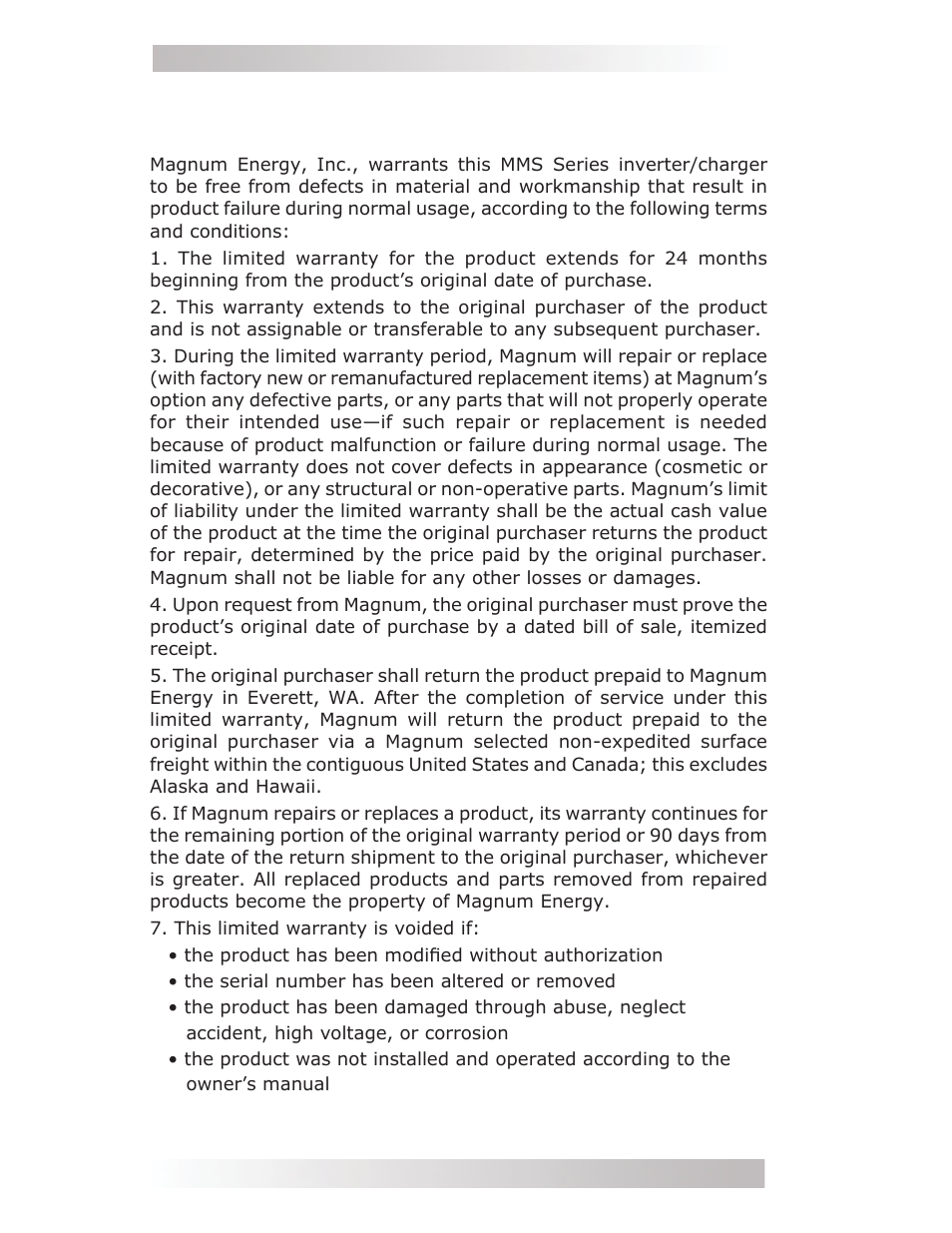 C-1 warranty/service information, C-1.1 limited warranty | Magnum Energy MMS Series User Manual | Page 50 / 52
