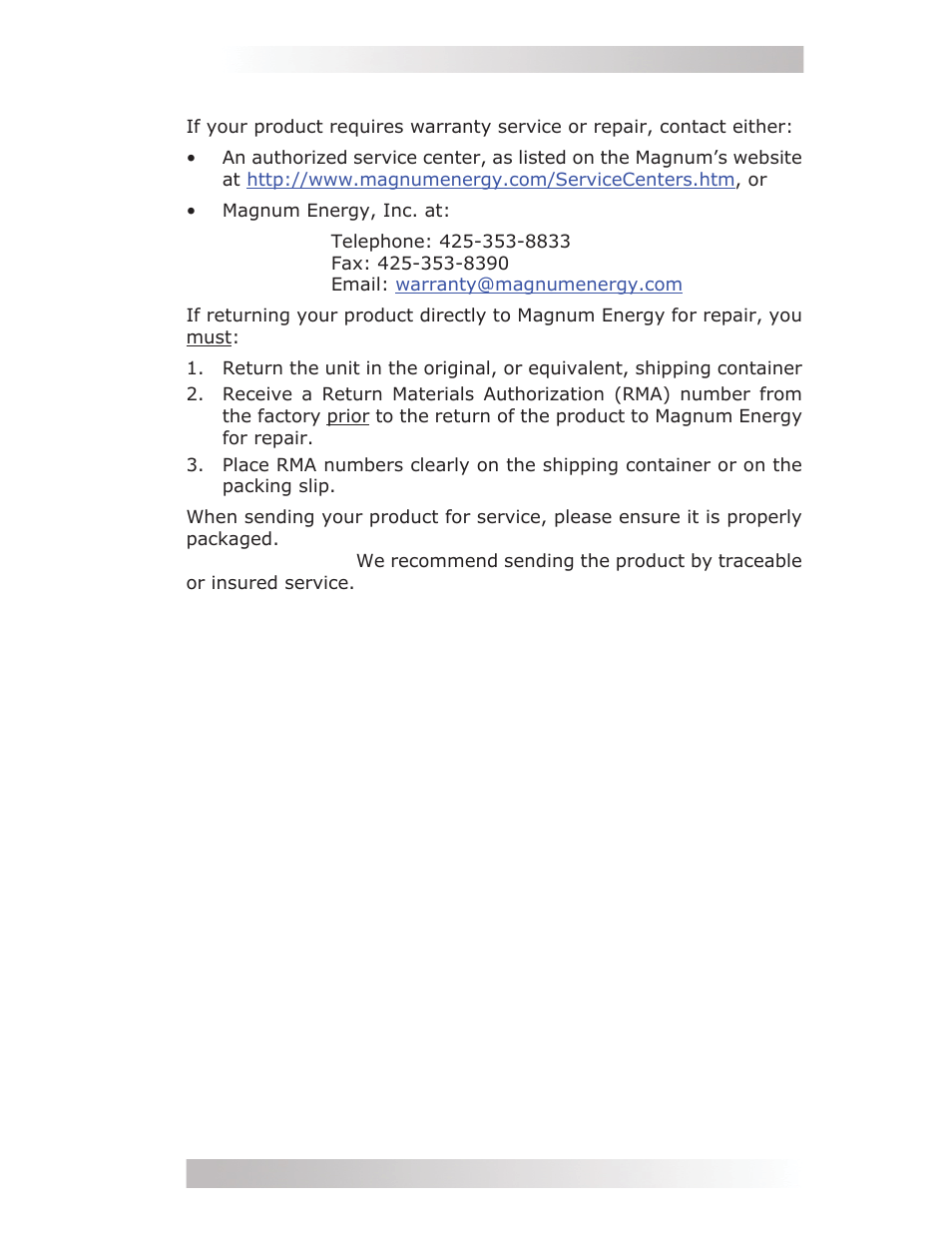 C-1.2 how to receive repair service | Magnum Energy MMS Series User Manual | Page 51 / 52
