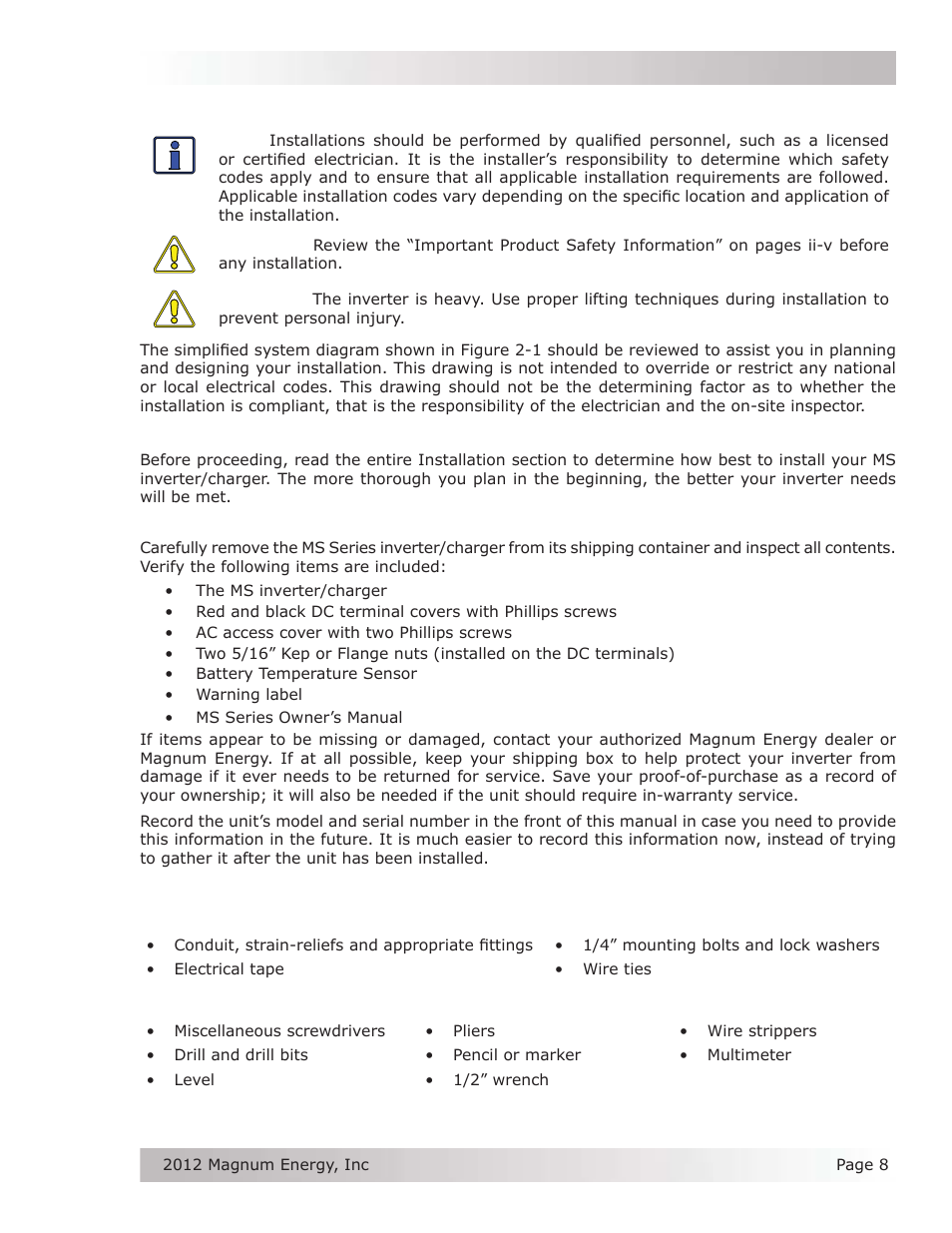 0 installation, 1 pre-installation, 1 unpacking and inspection | 2 required tools and materials | Magnum Energy MS Series User Manual | Page 17 / 76