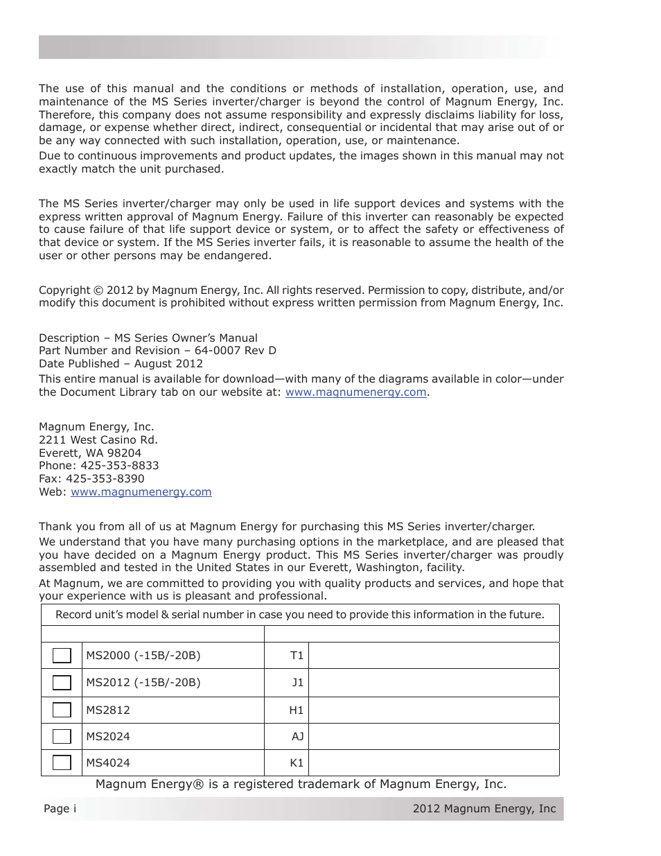 Magnum Energy MS Series User Manual | Page 2 / 76