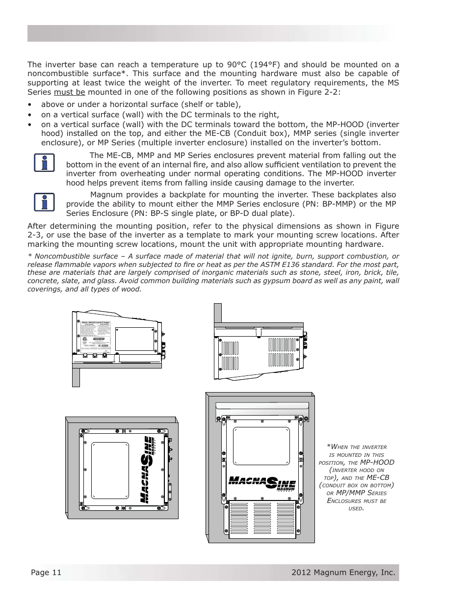 2 mounting the inverter, Installation 2.2 mounting the inverter, Figure 2-2, approved mounting positions | Magnum Energy MS Series User Manual | Page 20 / 76
