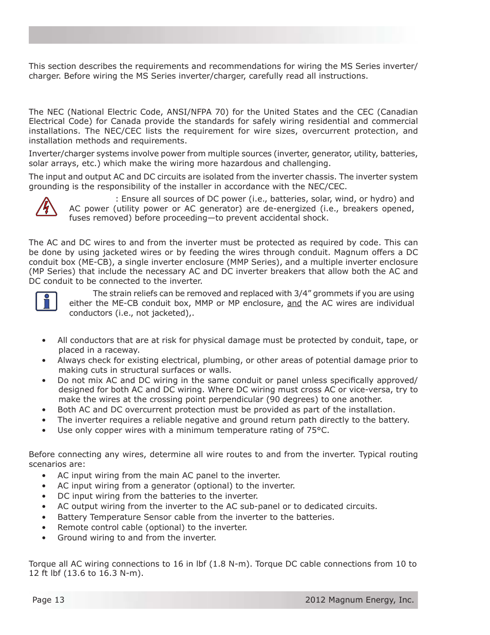 3 wiring the inverter - general requirements, 1 protecting wire – conduit box, 2 wiring requirements | 3 wire routing, 4 torque requirements | Magnum Energy MS Series User Manual | Page 22 / 76